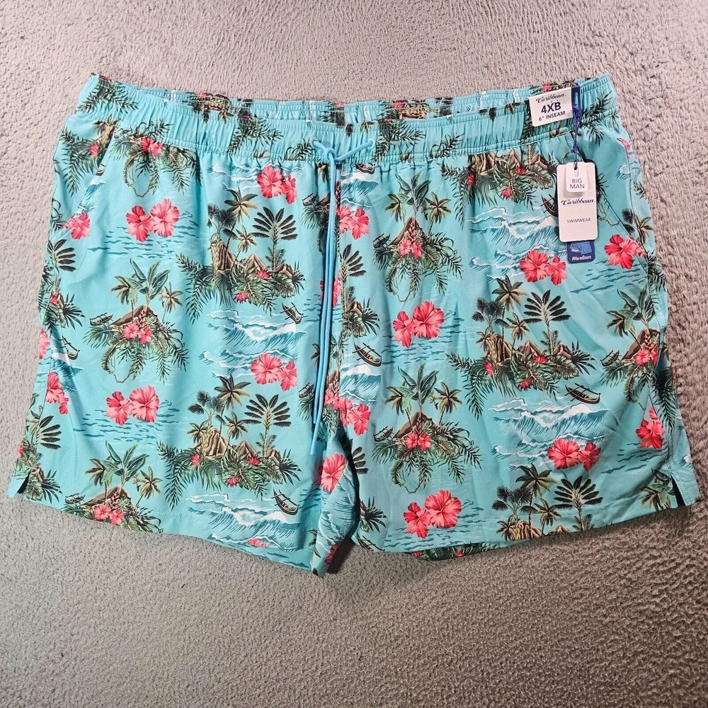 NWT Caribbean Swim Shorts Trunks Men's 4XB Lined Tropical Floral Island Palm Sea